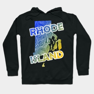 Colorful mandala art map of Rhode Island with text in blue and yellow Hoodie